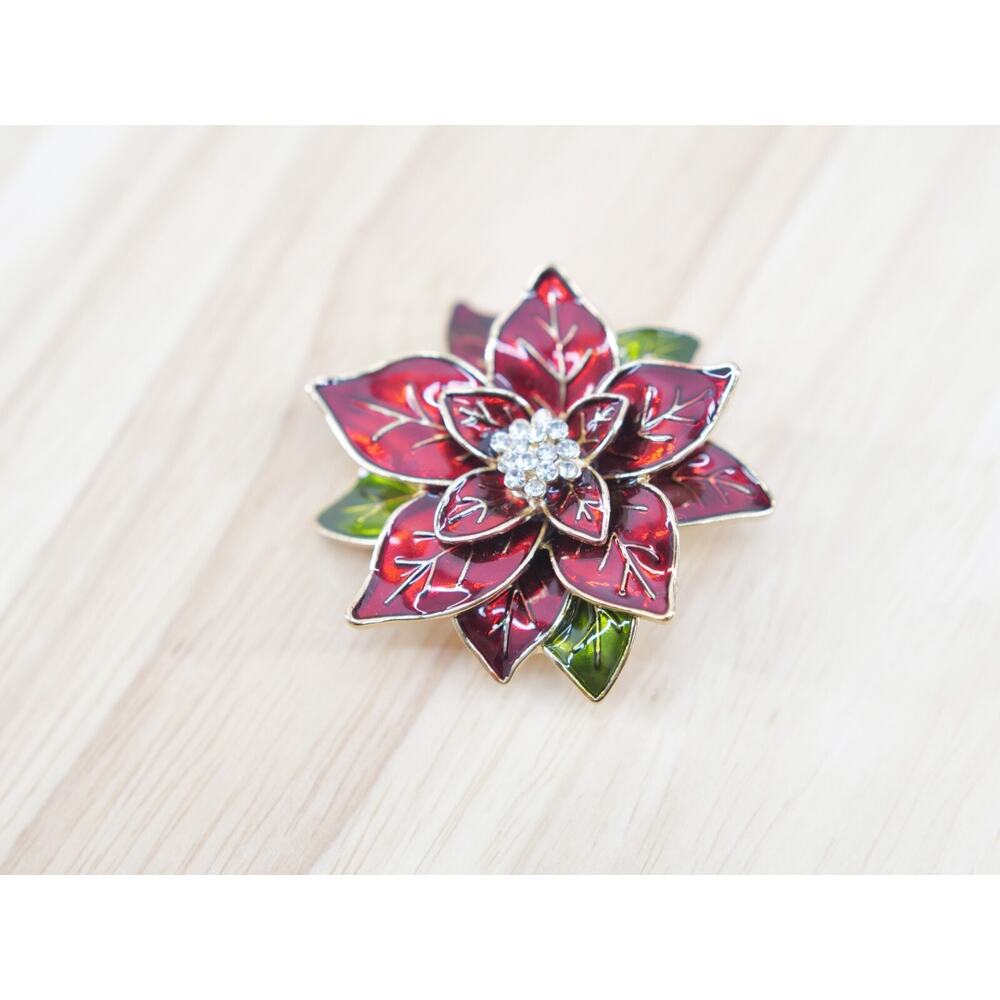 Poinsettia Flower Christmas Red‎ Simulated Crystal Pin Brooch Dana Buchman